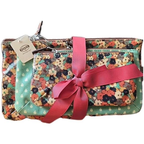 3 Pc Fossil Keyper BOHO Floral Dotted Makeup Cosmetic Pouch Set Fall NWT - Picture 1 of 8